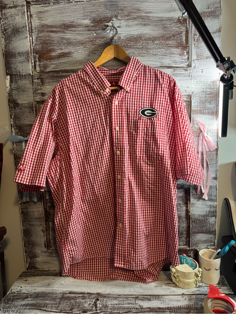 Antigua Red & White Gingham Button-Down Shirt